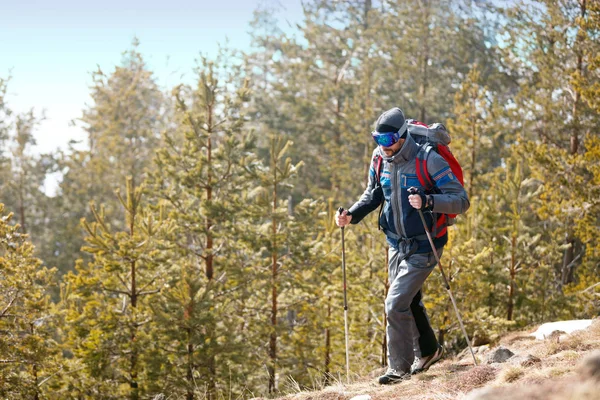 若い男森の山でのハイキング — ストック写真