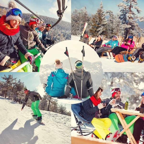 Colagem de férias de inverno em estância de esqui — Fotografia de Stock