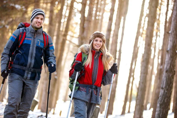 Pareja de excursionistas en vacaciones de invierno en montaña —  Fotos de Stock