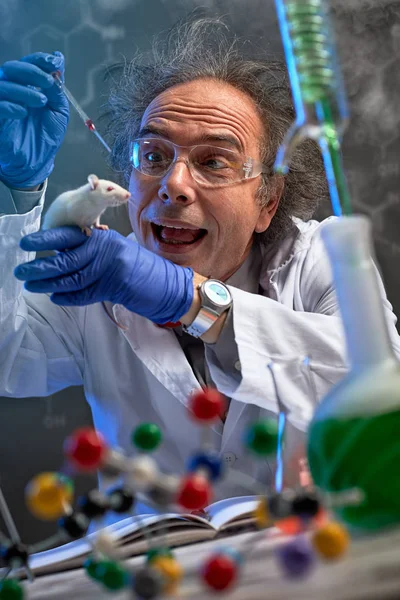 Безумный ученый проводит эксперимент на лабораторной мыши — стоковое фото