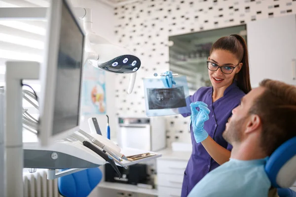 Kvinnliga tandläkare visar dental röntgen bilder till patient — Stockfoto