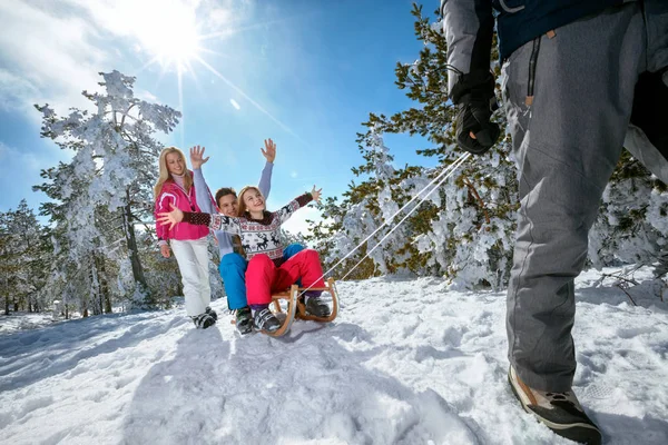 Familie op sneeuw rodelen en genieten op een zonnige winterdag — Stockfoto