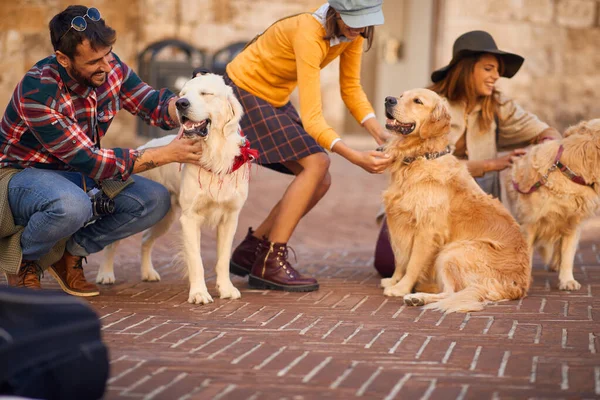 Glückliche Freunde mit Hund haben Spaß und reisen gemeinsam in den Urlaub — Stockfoto