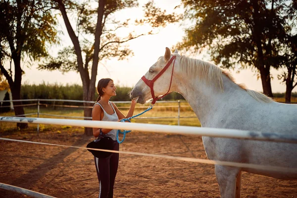 Femme avec son cheval au coucher du soleil du soir — Photo