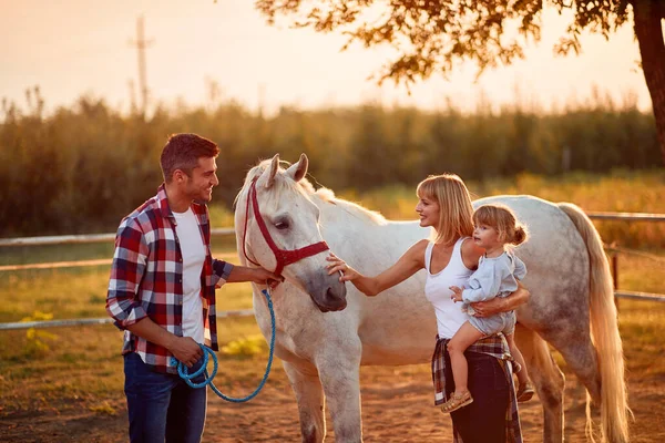 Familia feliz en una granja de caballos acariciando caballos — Foto de Stock