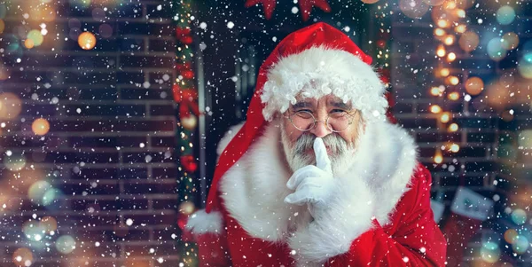 Papá Noel haciendo un gesto de silencio frente a la casa. espacio de copia — Foto de Stock