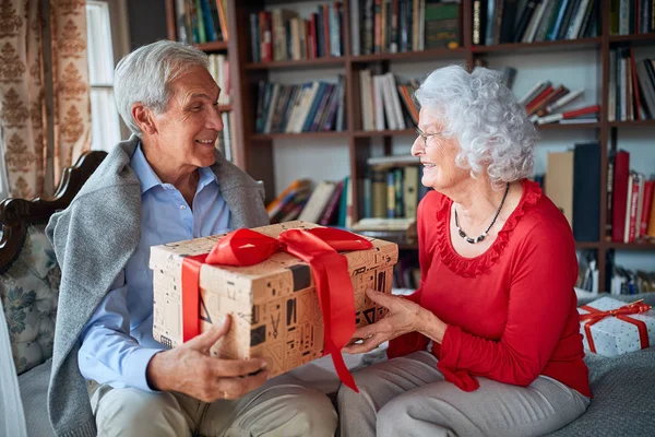 Oudere echtpaar met een kerstcadeau — Stockfoto