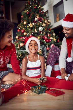 Süslü Noel ağacı önünde ailesi olan mutlu kız.