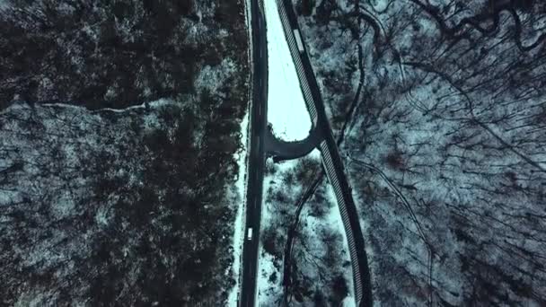 Auto Rijden Winterland Weg Besneeuwd Bos Luchtfoto Van Drone — Stockvideo
