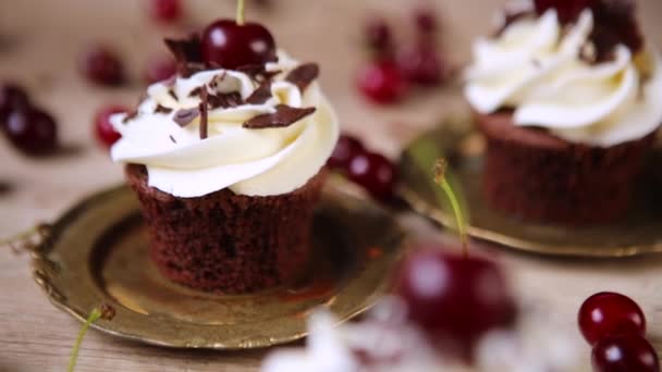 Schöne Cupcake Mit Schlagsahne Kirsche Und Schokolade Auf Dem Tisch — Stockvideo