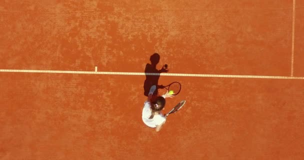 Tennis Player Hitting Ball Red Court Summer Sport Concept Top — Stock Video