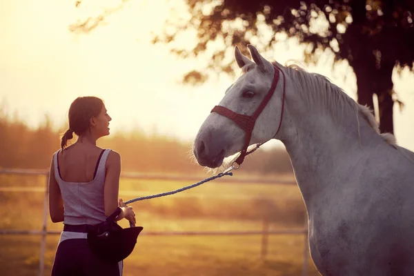 Kvinnan leder hästen efter en ridtur. Utbildning på landsbygden, — Stockfoto