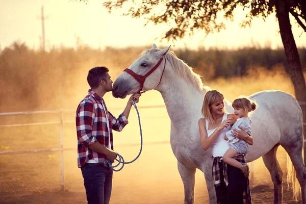 Famille passer un bon moment avec un cheval. Fun à la campagne, soleil — Photo