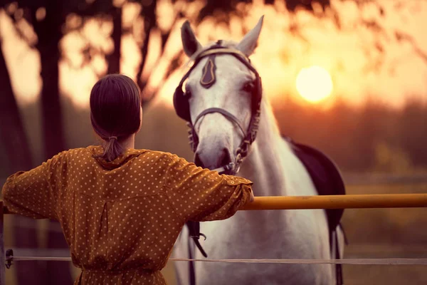 Mulher e seu cavalo olhando um para o outro. Diversão no campo, s — Fotografia de Stock