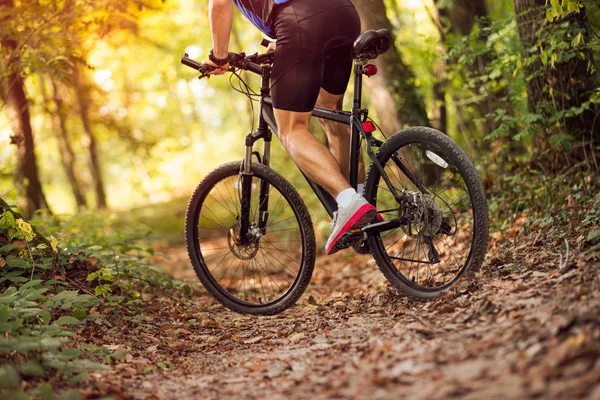 Baixo ângulo vista ciclista equitação mountain bike .Spring, natureza, spo — Fotografia de Stock