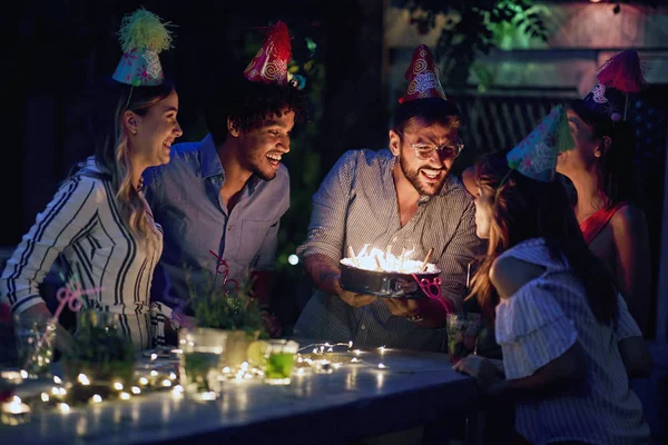 Group of friends celebrating birthday for one of them. birthday, — Stock Photo, Image