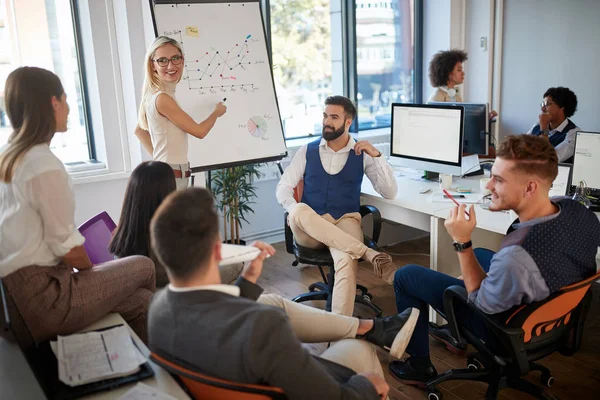 Joven mujer de negocios mostrando plan en pizarra blanca a los compañeros de trabajo. b) — Foto de Stock