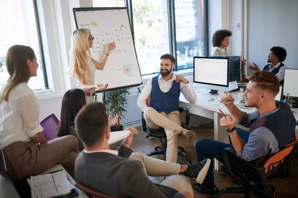 Kvinnlig Kollega Som Visar Och Förklarar Data Whiteboard För Grupp — Stockfoto