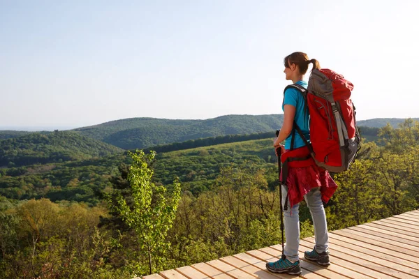 Mladá Turistka Žena Stojící Dívající Přírodu — Stock fotografie