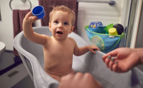 Boy Bath Cute Boy Bathes Water Bathroom — Stock Photo, Image