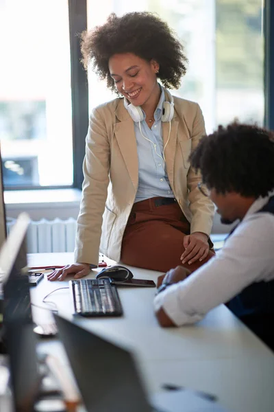 Two Colleagues Smiling Watching Cell Phone Together Casual Business Concept — Stock Photo, Image