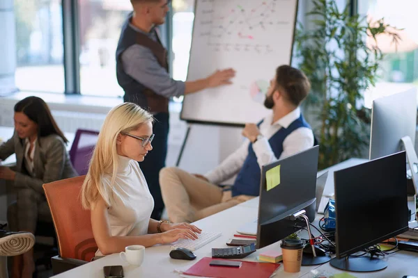 Junge Geschäftsfrau Arbeitet Präsentation Computer Bei Der Arbeit — Stockfoto