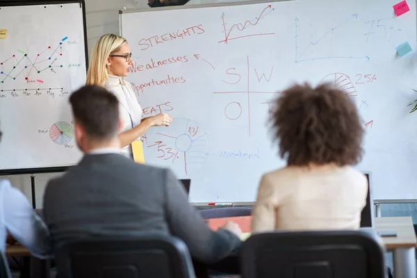 Junge Unternehmerin Erklärt Beim Treffen Start Arbeit — Stockfoto