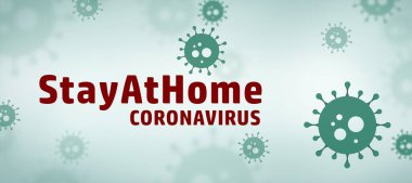 Koronavirüs 'ün yeşil arka planında küresel hastalığın virüs çizimi var. Covid-19 konsepti ve ev tabelasında kalın