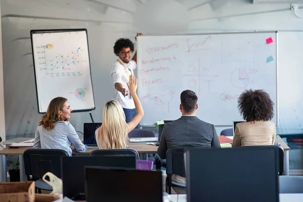 Fiatal Afro Amerikai Férfi Menedzser Tanít Kollégák Swot Elemzés Üzleti — Stock Fotó