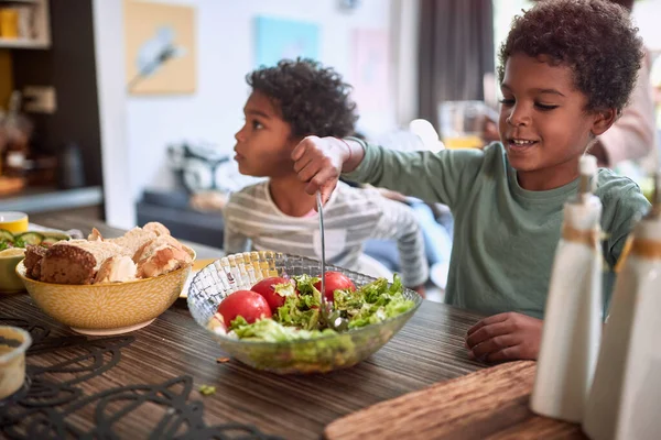 Afrika Amerika Anak Anak Makan Makanan Sehat Bersama Sama Kakak — Stok Foto