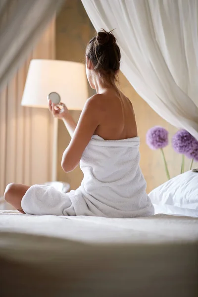 Attractive Woman Relaxing Bed Home Sitting Bed Looking Mirror — 图库照片