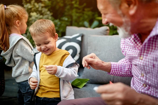 Morfar Har Roligt Med Sitt Barnbarn Och Sonson — Stockfoto