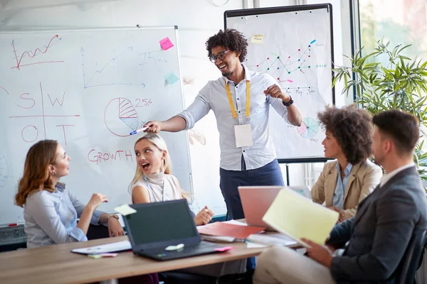 Affärsman Pekar Medarbetare Ett Pitchmöte Medarbetare Diskuterar Ett Möte Bra — Stockfoto