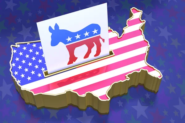 3D Illustration Ballot box in shape of USA map Democratic party logo — Stock Photo, Image