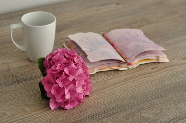 Bir defter, kalem ve kupa ile pembe bir ortanca