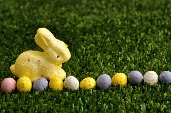 Žlutý zajíček s řadou kropenatý velikonoční vajíčka — Stock fotografie