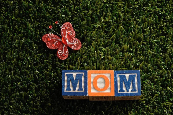 다채로운 알파벳 블록와 실크 나비 철자 하는 엄마 — 스톡 사진