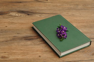 Mor çiçekli bir yeşil ciltli hikaye kitabı