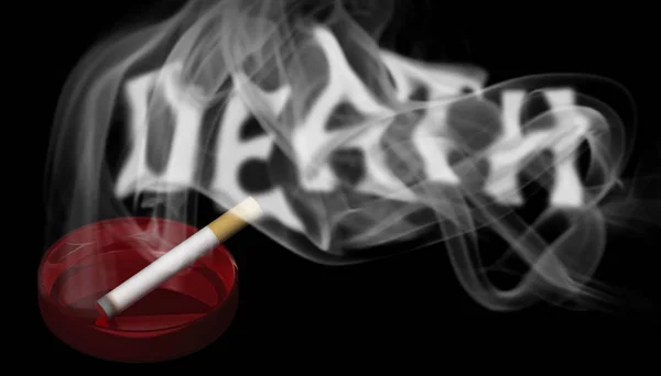 Ilustración 3D. Un cigarrillo en llamas en un cenicero rojo con una guerra — Foto de Stock