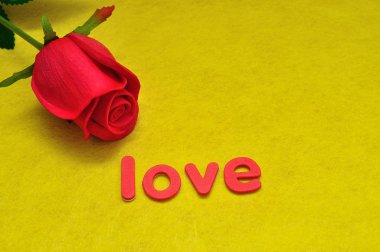 Kelime aşk ve sarı bir arka plan üzerinde kırmızı bir gül