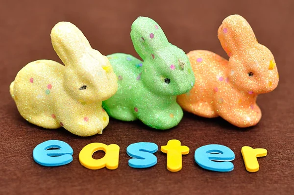 Das Wort Ostern mit bunten Hasen — Stockfoto