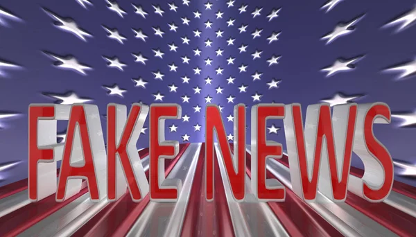 Notícias falsas em letras vermelhas com uma fronteira de prata contra um fundo da bandeira americana Fotografia De Stock