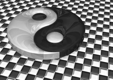 3D çizim. Damalı zemin üzerine bir yin yang işaret