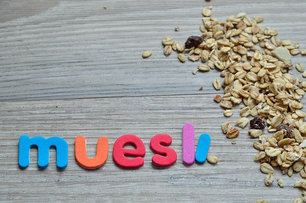 Muesli with the word muesli — Stock Photo, Image
