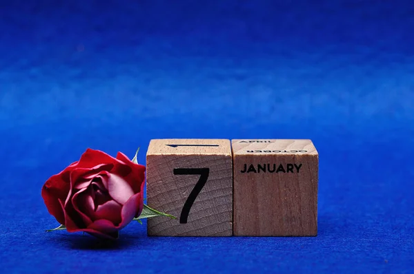 Január Blokkok Egy Piros Rózsa Kék Alapon — Stock Fotó
