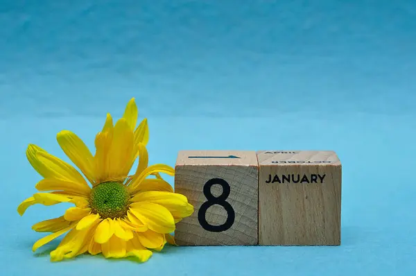 1月8日青い背景に黄色のキャスター付きの木製のブロックで — ストック写真