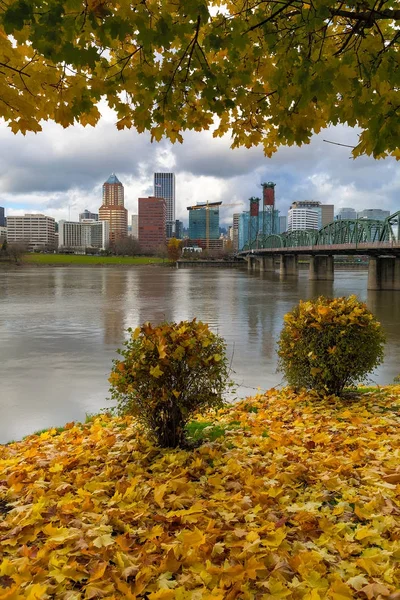 Under the Maple Tree with Portland OR downtown city skyline in Fall season — Stock Photo, Image