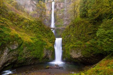 Multnomah Falls by Benson Bridge in Oregon Spring season clipart