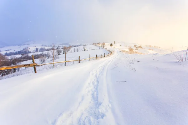 Neve pesada de manhã nas montanhas, paisagem rural. Conceito de dia de congelamento — Fotografia de Stock