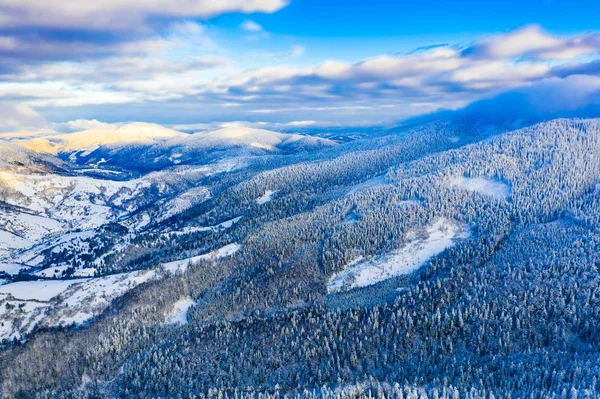 Schneebedeckter Wald bedeckt die Berge am hellen Tag, luftige Landschaft. Reisen im Urlaub Konzept — Stockfoto